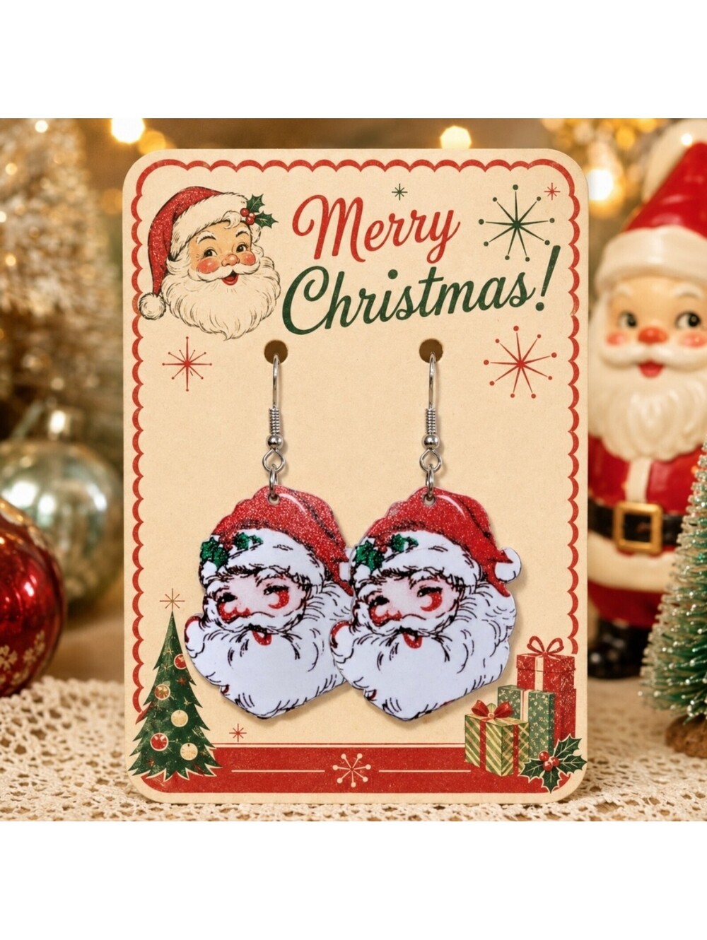 Holiday Vintage Retro Santa Christmas Hypoallergenic Earrings